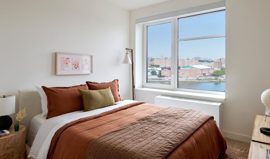 Modern furnished bedroom at Estela apartments in South Bronx