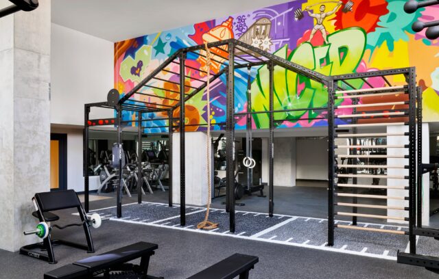 State-of-the-art fitness center and Cross-fit style equipment at Estela apartments in South Bronx, NY